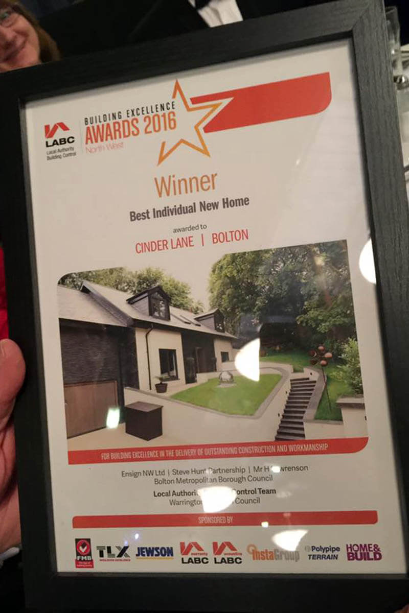 2016 LABC certificate naming Cinder Lane, Bolton, winner of Best Individual New Home